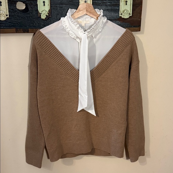 Maje Mirelle Camel Mock Layered Blouse and Wool V-Neck Sweater Pullover Size 2 - Picture 4 of 16